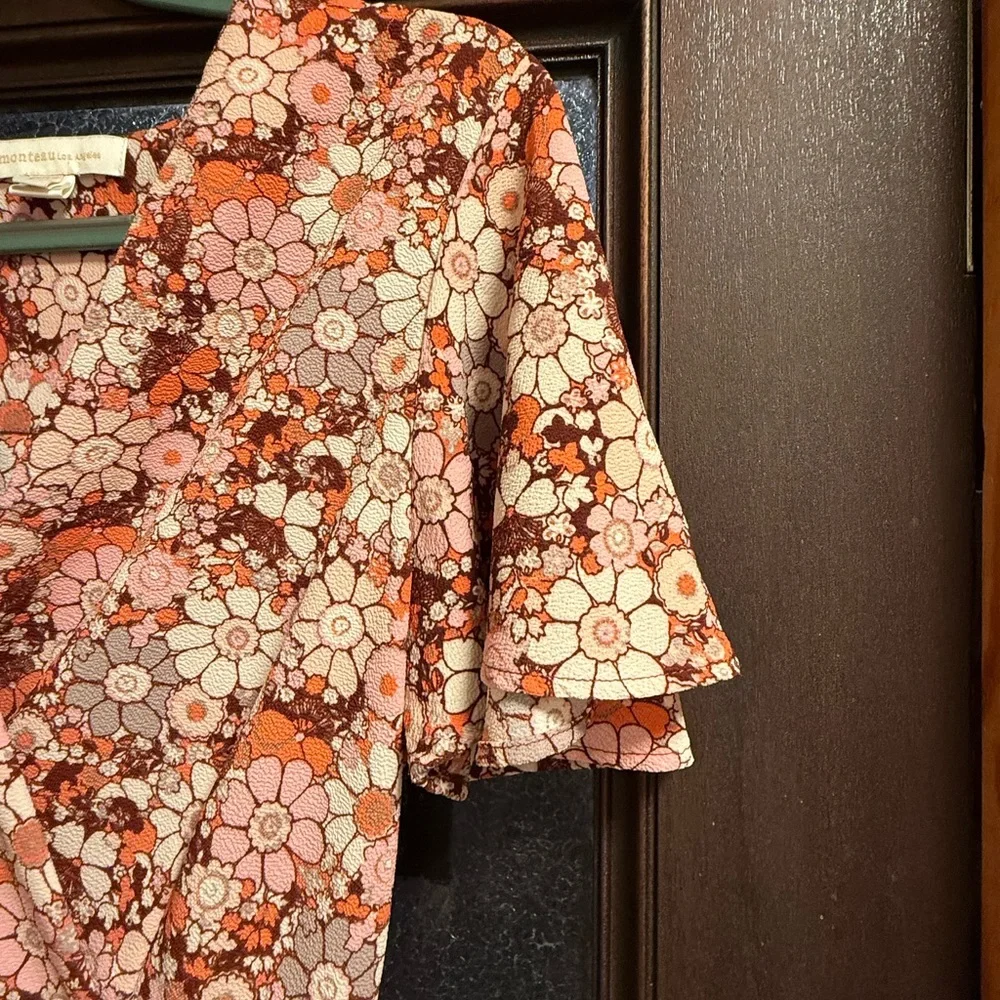 Monteau Orange Pink Tie Front Flutter Sleeve Midi Dress - Picture 5 of 7